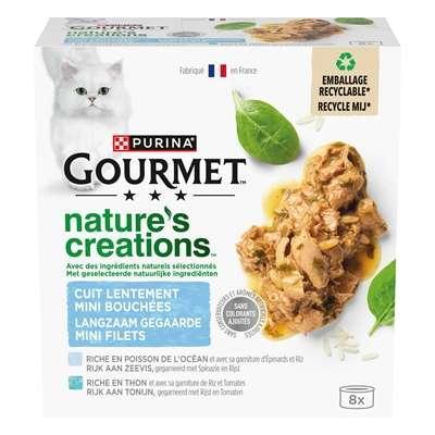 GOURMET Nature's Creations Mini Filets, rijk aan Zeevis, gegarneerd met spinazie en rijst, Rijk aan Tonijn, gegarneerd met rijst en tomaten? nat kattenvoer, 85g