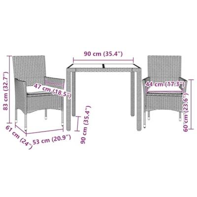 3-delige Tuinset met kussens poly rattan en glas zwart