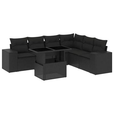 7-delige Loungeset met kussens poly rattan zwart