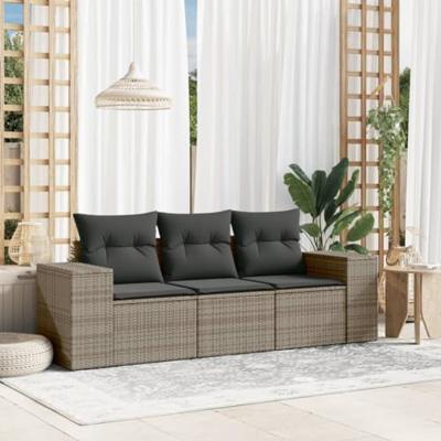 3-delige Loungeset met kussens poly rattan grijs