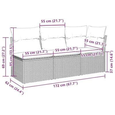 Tuinbank 3-zits met kussens poly rattan lichtgrijs