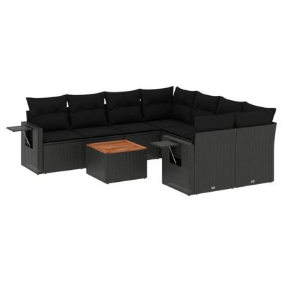 9-delige Loungeset met kussens poly rattan zwart