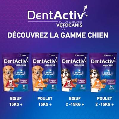 Vetocanis | Dentactiv | Tandstick voor honden | traktaties voor honden | voor de hygiëne en gezondheid van de hond | rijk aan vlees | 85% rundvlees | aanbevolen door dierenartsen | hond 2 tot 15 kg