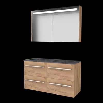 Basic-Line Premium 46 Badkamermeubelset - 120 x 46 cm - Met Grepen - 4 Lades - Hardstenen Wastafel - 2 Kraangaten - Spiegelkast met LED Verlichting - Whisky Oak