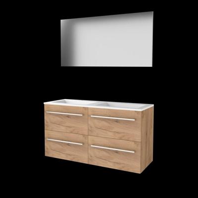 Basic Basic 46 badmeubelset met spiegel op plaat, wastafelonderkast met grepen, 4 lades en acryl wastafel met 2 kraangaten 120 x 46 cm, whisky oak Basic Basic 46 badmeubelset met spiegel op plaat, wastafelonderkast met grepen, 4 lades en acryl wastafel met 2 kraangaten 120 x 46 cm, whisky oak