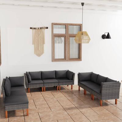 9-delige Loungeset met kussens poly rattan grijs