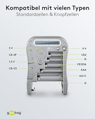 Goobay 78325 Batterijtester voor alle batterijen en accu's, batterijtester voor AAA/AA/C / 9V / D/N & 1,5 V knoopcel, batterijtestapparaat, lcd-display, grijs