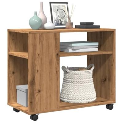 Bijzettafel met wieltjes 70x35x60 cm hout artisanaal eikenkleur