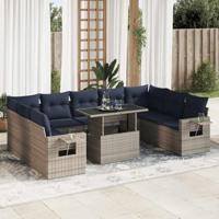 10-delige Loungeset met kussens poly rattan acacia grijs - thumbnail