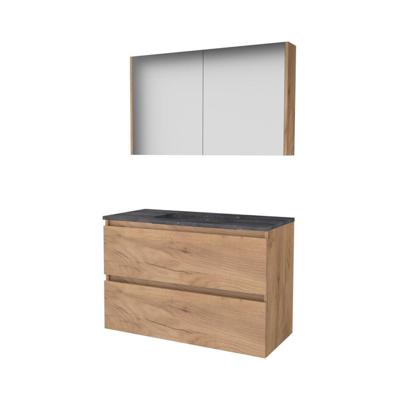 Basic-Line Comfort 46 Badkamermeubelset - 100 x 46 cm - Greeploos - 2 Lades - Hardstenen Wastafel - Zonder Kraangat - Spiegelkast - Whisky Oak
