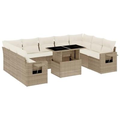 10-delige Loungeset met kussens poly rattan beige