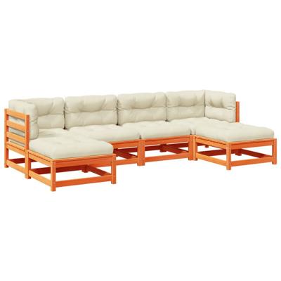 6-delige Loungeset met kussens massief grenenhout wasbruin - thumbnail