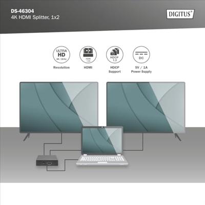 Digitus DS-46304 2 poorten HDMI-splitter 3D-weergave mogelijk, Met metalen behuizing 4096 x 2160 Pixel Zwart Digitus DS-46304 2 poorten HDMI-splitter 3D-weergave mogelijk, Met metalen behuizing 4096 x 2160 Pixel Zwart