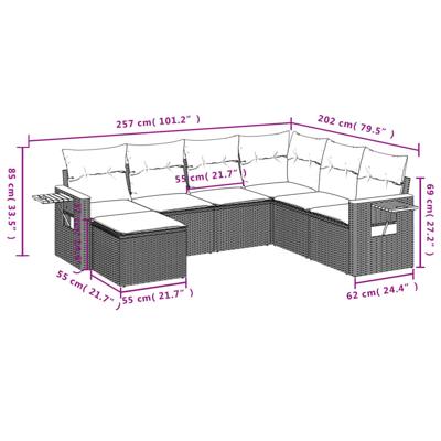 7-delige Loungeset met kussens poly rattan grijs