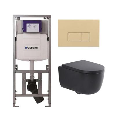 QeramiQ Dely Swirl Toiletset - 36.3x51.7cm - Geberit UP320 inbouwreservoir - met Burda frame - 35mm zitting - bedieningsplaat beige - rechthoekige knoppen - mat zwart 0701131/SW1102366/SW1000769/SW1026258