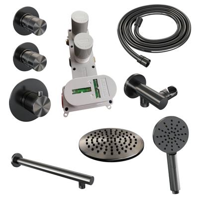 BRAUER Gunmetal Edition thermostatische inbouw regendouche SET 07 met 20 cm douchekop en rechte muurarm en 3-standen handdouche en doucheslang en wandaansluitbocht gunmetal geborsteld PVD BRAUER Gunmetal Edition thermostatische inbouw regendouche SET 07 met 20 cm douchekop en rechte muurarm en 3-standen handdouche en doucheslang en wandaansluitbocht gunmetal geborsteld PVD