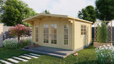Blokhut Laula 430x430 cm + luifel 100 cm - Groen geïmpregneerd- Zadeldak- Geïmpregneerd vurenhout- Tuindeco