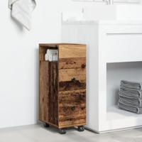 Badkamerkast smal met wielen bewerkt hout oud houtkleurig - thumbnail