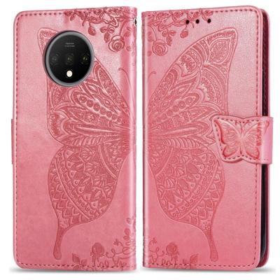 Voor een plus 7T Butterfly Love Flower reliëf horizontale Flip lederen draagtas met beugel Lanyard Card slot portemonnee (roze)
