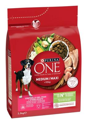 PURINA One Adult Medium/Maxi Weight Control/Sterilized Rich in turkey with rice - droog hondenvoer - 2,5kg PURINA One Adult Medium/Maxi Weight Control/Sterilized Rich in turkey with rice - droog hondenvoer - 2,5kg