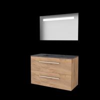 Basic-Line Economic 46 Badkamermeubelset - 100 x 46 cm - Met Grepen - 2 Lades - Hardstenen Wastafel - Zonder Kraangat - Spiegel met LED Verlichting - Whisky Oak - thumbnail