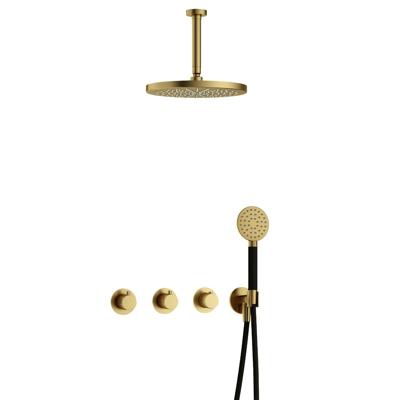 Hotbath Cobber - CB7067 - Inbouw Regendoucheset - Geborsteld Messing PVD - 2 Stopkranen - Thermostatisch - Plafondbuis 15 cm - Hoofddouche 300 mm - Ronde Handdouche 3 Standen - met M106 - Waterbesparend - V01