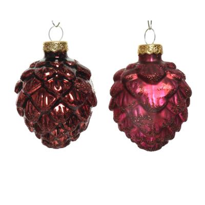 Decoris Kerstballen glas dennenappel 6st ossenbloed 5x7cm