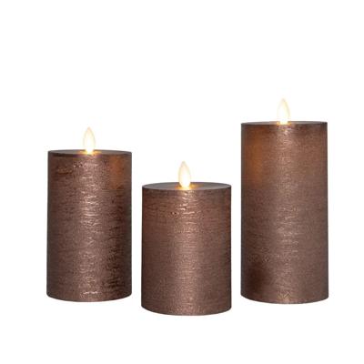 Anna&apos;s Collection LED kaars oplaadbaar flame effect rustiek set 7.5 cm brons 3 stuks