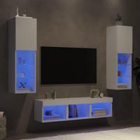 5-delige Tv-wandmeubelset met LED-verlichting bewerkt hout wit - thumbnail