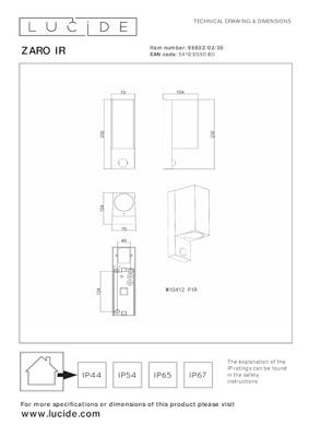 Lucide ZARO IR - Wandspot / Wandlamp Binnen/Buiten - 2xGU10 - IP65 - Beweging & dag/nacht sensor (uitschakelbaar) - Zwart
