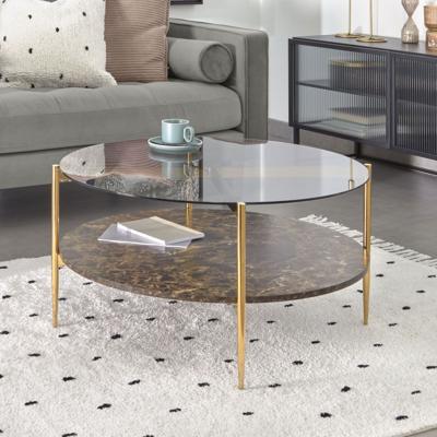 Kave Home Salontafel 'Kamilah' Glas, marmerlook en gouden frame, Ø84cm