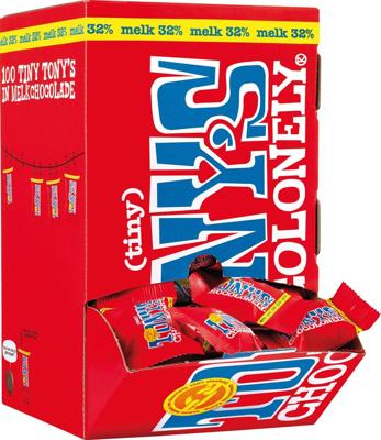 Tony's Chocolonely mini chocoladereep, 900g, doos van 100 stuks apart verpakt, melk Tony's Chocolonely mini chocoladereep, 900g, doos van 100 stuks apart verpakt, melk