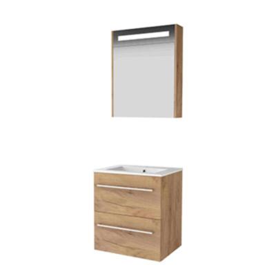 Basic-Line Premium 46 Badkamermeubelset - 60 x 46 cm - Met Grepen - 2 Lades - Keramische Wastafel - 1 Kraangat - Spiegelkast met LED Verlichting - Whisky Oak