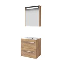 Basic-Line Premium 46 Badkamermeubelset - 60 x 46 cm - Met Grepen - 2 Lades - Keramische Wastafel - 1 Kraangat - Spiegelkast met LED Verlichting - Whisky Oak - thumbnail