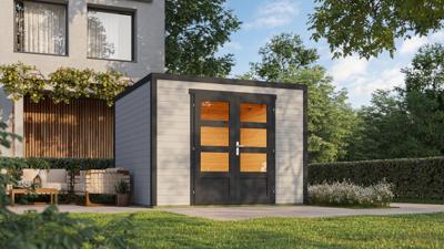 Outdoor Life Quby blokhut 300x300 cm 28 mm vuren lichtgrijs-donkergrijs exterieur gecoat- Plat dak- - Outdoor Life