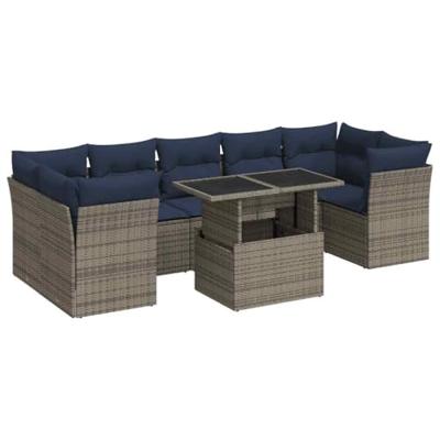 8-delige Loungeset met kussens poly rattan acacia grijs