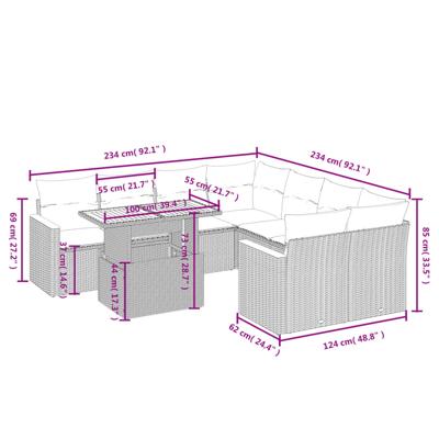 9-delige Loungeset met kussens poly rattan acacia zwart