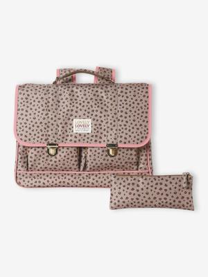 Personaliseerbare schooltas + etui met luipaardprint voor meisjes beige