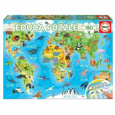 Puzzel van 150 stukjes Wereldkaart dieren EDUCA blauw Puzzel van 150 stukjes Wereldkaart dieren EDUCA blauw