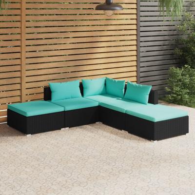 5-delige Loungeset met kussens poly rattan zwart