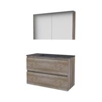 Basic-Line Comfort 46 Badkamermeubelset - 100 x 46 cm - Greeploos - 2 Lades - Hardstenen Wastafel - Zonder Kraangat - Spiegelkast - Scotch Oak - thumbnail