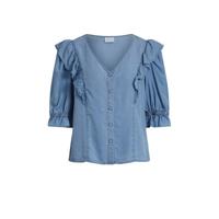VILA top VIELEANOR met ruches blauw - thumbnail