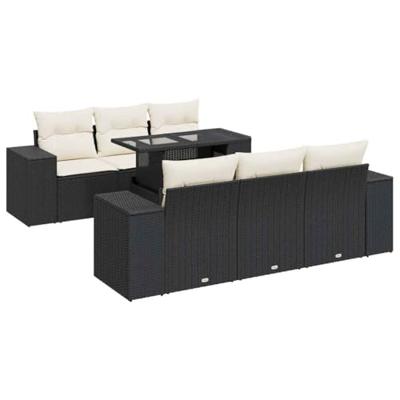7-delige Loungeset met kussens poly rattan zwart