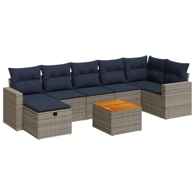8-delige Loungeset met kussens poly rattan grijs