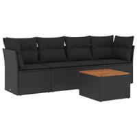 5-delige Loungeset met kussens poly rattan zwart - thumbnail