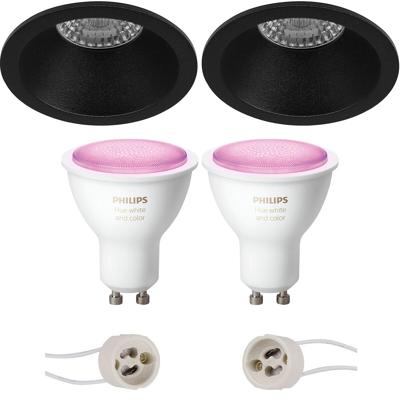 GU10 Inbouwspot Set - Mat Zwart - Inbouw Rond - Verdiept - Philips Hue - White and Color Ambiance - Bluetooth - Pragmi Pollon Pro - Ø82mm