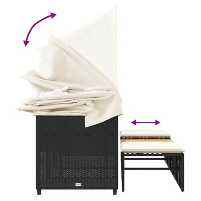 Tuinbank 3-zits met luifel en voetenbanken poly rattan zwart Tuinbank 3-zits met luifel en voetenbanken poly rattan zwart