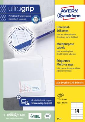 Avery Zweckform 3477, Universele etiketten, Ultragrip, wit, 100 vel, 14 per vel, 105 x 41 mm