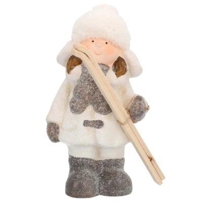 Beeld kind met skies winter glitter 23 cm | 8 stuks