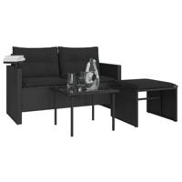 3-delige Loungeset met kussens poly rattan zwart - thumbnail
